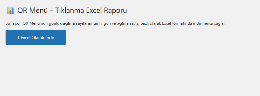 WordPress QR Menü sistemi için günlük tıklanma Excel raporu indir ekranı