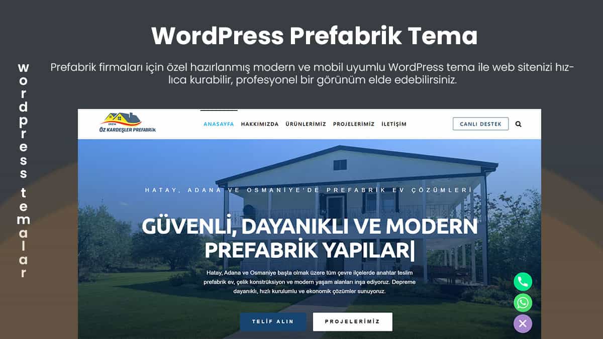 WordPress prefabrik firma teması ana sayfa görüntüsü
