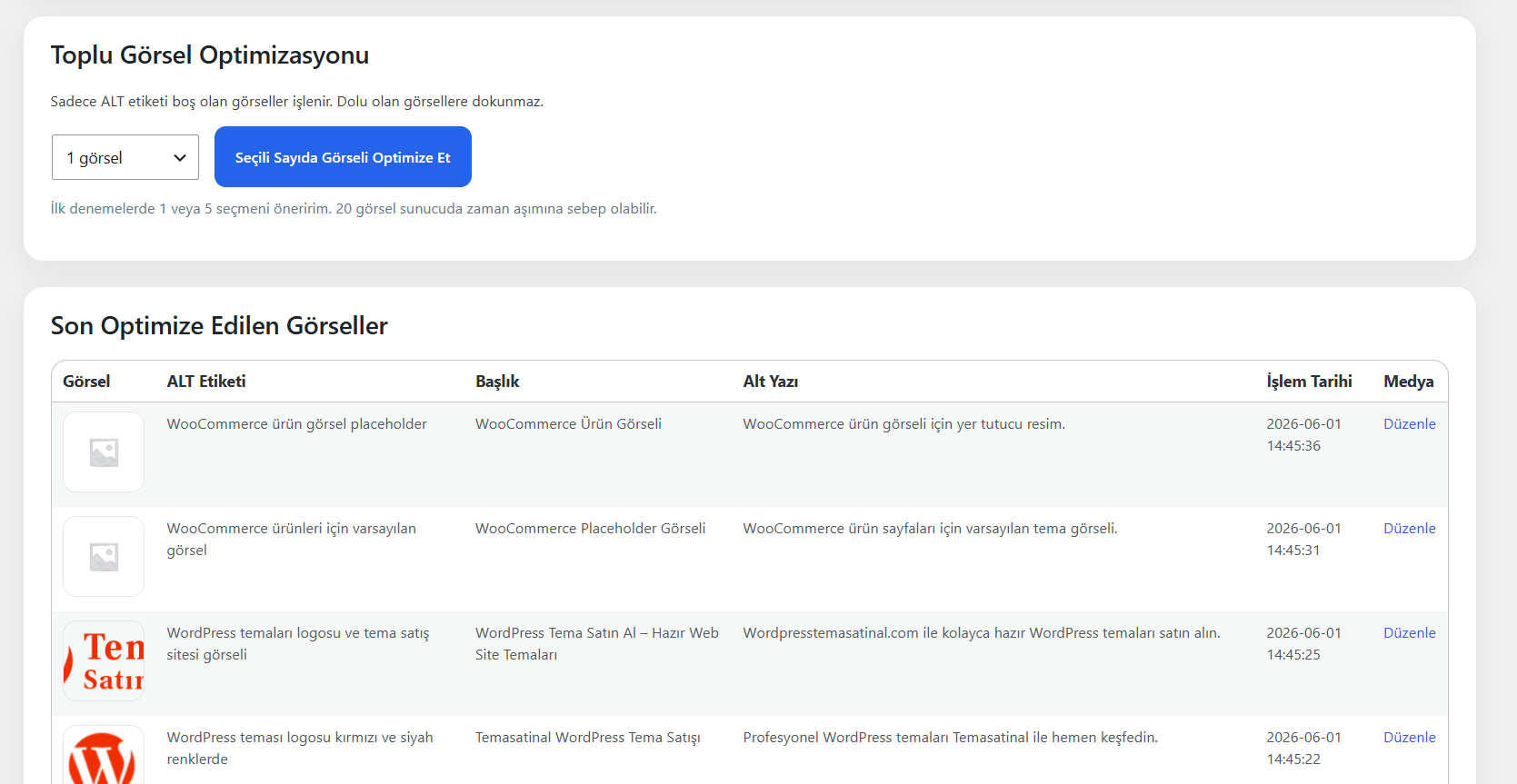 WordPress AI Görsel SEO Pro toplu görsel optimizasyon arayüzü